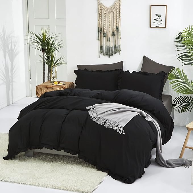 Luxlovery Black Ruffle Comforter Set King Pure Farmhouse Bedding Shabby Boho Taupe Blanket Quilts Vintage Chic All Dark Color for Bed Women Men, Black,