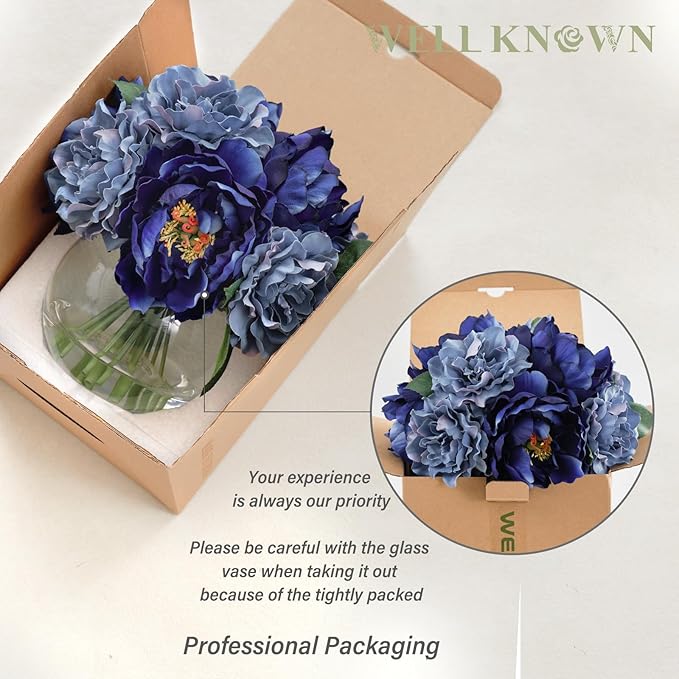 WELL KNOWN Artificial Flowers in Vase, Artificial Flowers for vase with Faux Water for Coffee Table Decor, Silk Fake Flower Arrangements Peonies Table Centerpieces (Blue)