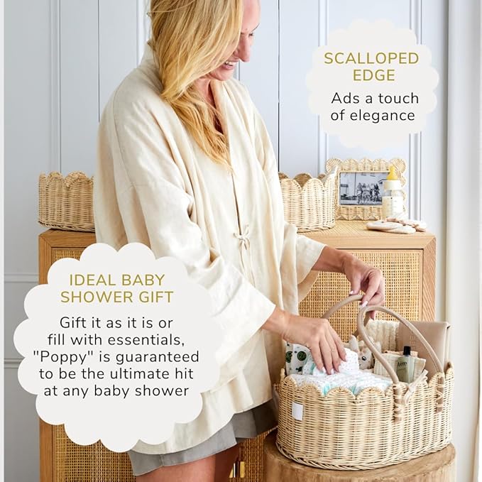 BEBE BASK Premium Baby Diaper Caddy Organizer - Handmade & Award-Winning Scalloped Rattan Basket - Luxury Diaper Caddy Basket - Elegant Scalloped Edge (Natural)