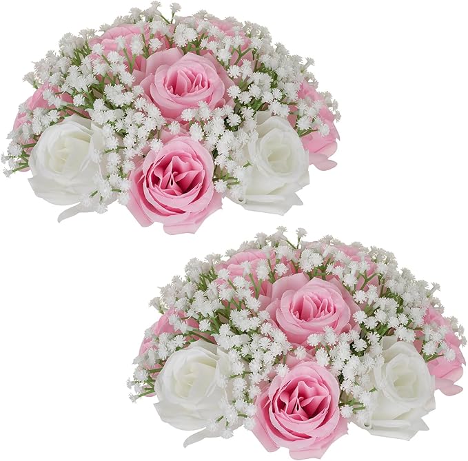 NUPTIO Baby Breath Flower Balls: 2 Pcs 8.6 inch Diameter Pink Artificial Rose Fake Arrangement Bouquet Wedding Centerpieces Event Party Tables Decorations