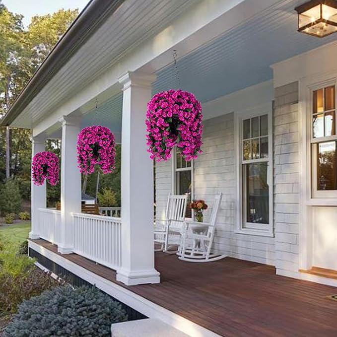 Artificial Fake Hanging Flowers Plants Basket for Outdoor Winter Summer Decoration, Faux Silk UV Resistant Look Real Fuchsia Morning Glory Long Stems in Planter for Outside Porch Patio Balcony Home