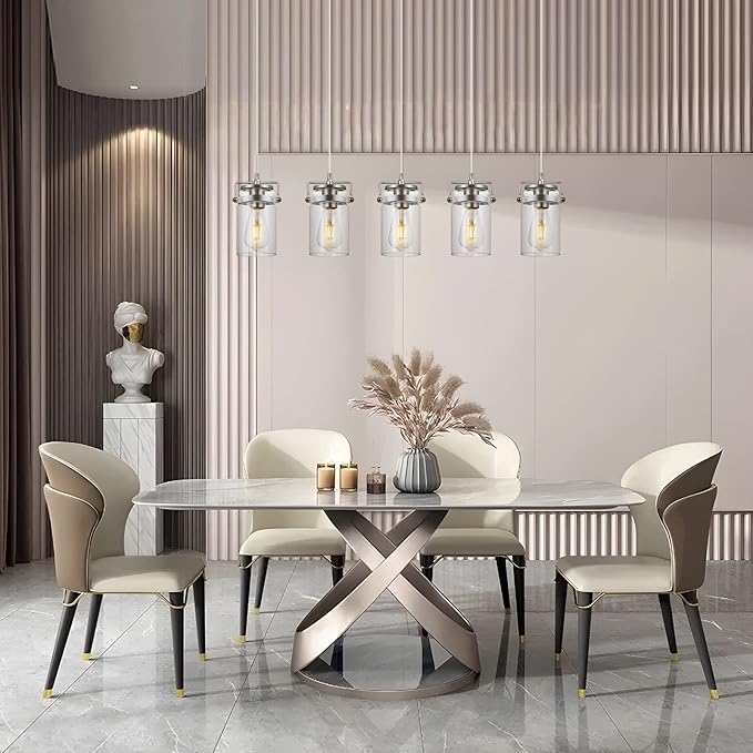 Kitchen Island Lighting, Pendant Lighting for Dining Room Kitchen Island Lighting Farmhouse Chandelier, 5 Light Hanging Linear Chandelier Brushed Nickel Pendant Lights with Clear Glass Shades