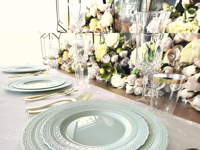 " OCCASIONS " 240 Plates Pack,(120 Guests) Extra Heavyweight Vintage Wedding Disposable/Reusable Plastic Plates 120x11'' Dinner + 120x8.25'' Salad/Dessert Plate (Chateau Mint)