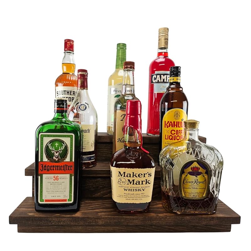 Handmade Liquor Bottle Display Shelf, Bar Display, Kitchen Counter Shelf, Crafted in USA with Premium Quality Wood, Rustic Espresso Finish (3 Tier, 20 inches)