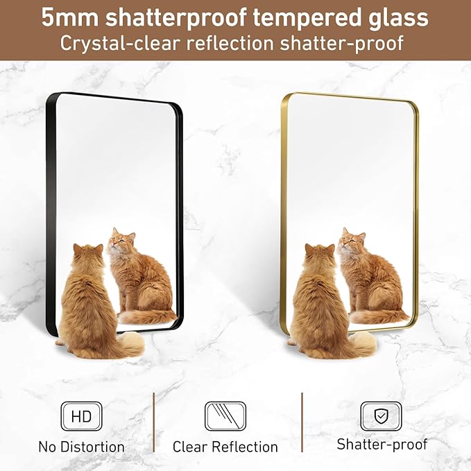 22x30 Inch Gold Bathroom Mirror, Brushed Metal Framed Rectangle Mirror with Rounded Corner, Gold Bathroom Vanity Mirror for Bedroom or Living Room, Horizontal/Vertical