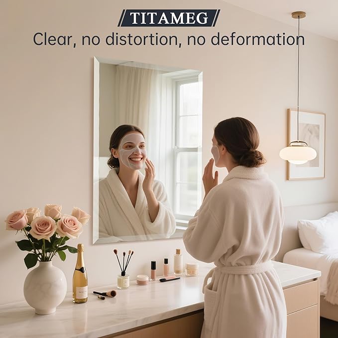 20x30 Inch Frameless Wall Mirror with 1" Beveled Edge, Frameless Rectangle Mirror for Bathroom, Vanity, Living Room