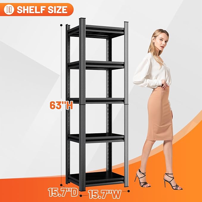 5-Tier Bookshelf, Metal Book Shelf, Adjustable Bookcase, Tall Shelves in Living Room/Home/Office/Kitchen/Bedroom, Storage Organizer for CDs/Books/Movies, Modern, Black