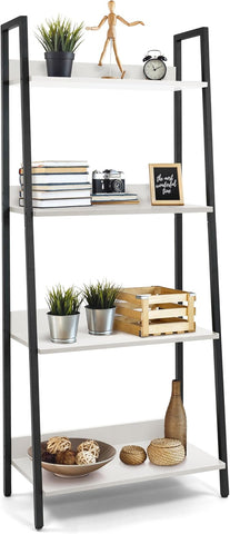 CAPHAUS 4 Tier Ladder Bookshelf, 24 Inch Width Free Standing Shelf, Bookcase Shelf Storage Rack Organizer, Industrial Book Shelves for Home Office, Living Room, Kitchen, White Wooden Shelves
