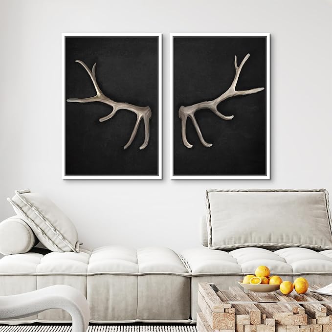 MUDECOR Framed Canvas Print Wall Art Rustic Antler Minimalist Antler Illustrations Modern Art Decorative Bohemian Colorful Chic for Living Room, Bedroom, Office - 16"x24"x2 White