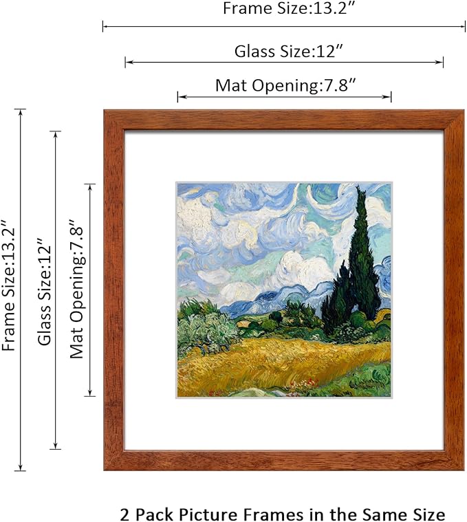 12x12 Picture Frame Set of 2 Made of Solid Wood Photo Frame with Real Glass for Pictures 8x8 with Mat or 12x12 without Mat, Wall Gallery or Tabletop display Frames, Brown