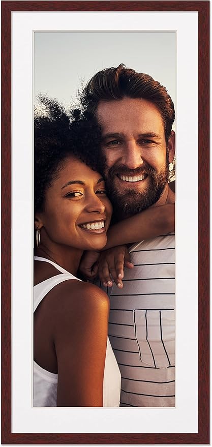 13.5x40 Frame with Mat - Brown 16x43 Frame Wood Made to Display Print or Poster Measuring 13.5 x 40 Inches with White Photo Mat