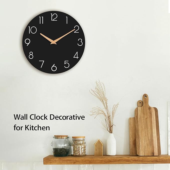 Wall Clock, 12 Inch Wooden Silent Non-Ticking, Decorative Battery Operated Wall Clocks for Bedroom, Kitchen, Home, Living Room, Office, School, Hotel (Black)