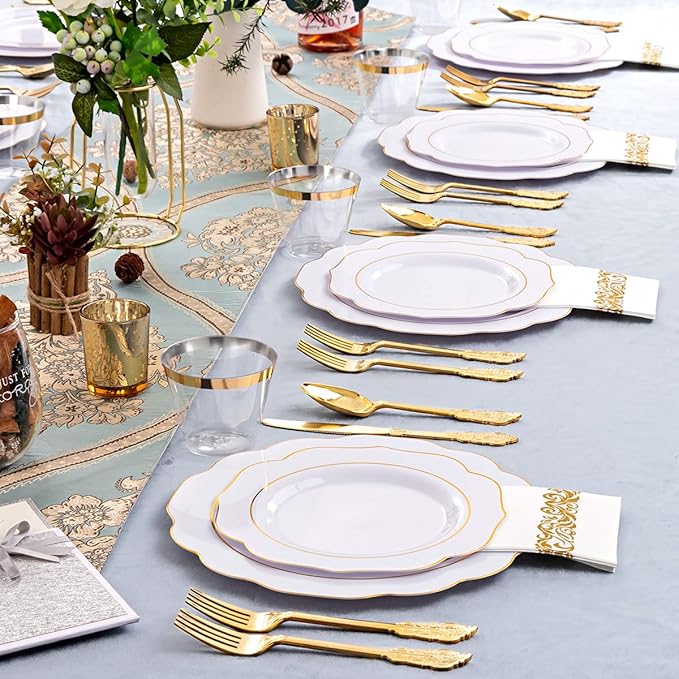 NOCCUR 175PCS Gold Plastic Plates with Disposable Silverware - White Gold Plastic Tableware Include 25 Dinner /25 Dessert Plates, 75 Cutlery, 25 Cups, 25 Napkins - Ideal for Party&Thanksgiving