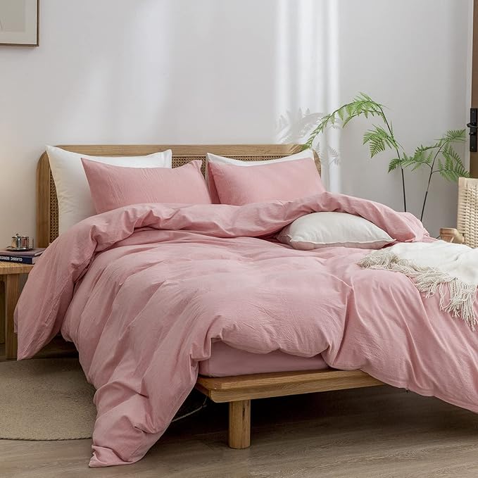 BESTOUCH Duvet Cover Set 100% Washed Cotton Linen Feel Super Soft Comfortable Chic Lightweight 3 PCs Home Bedding Set Solid Red Pink King