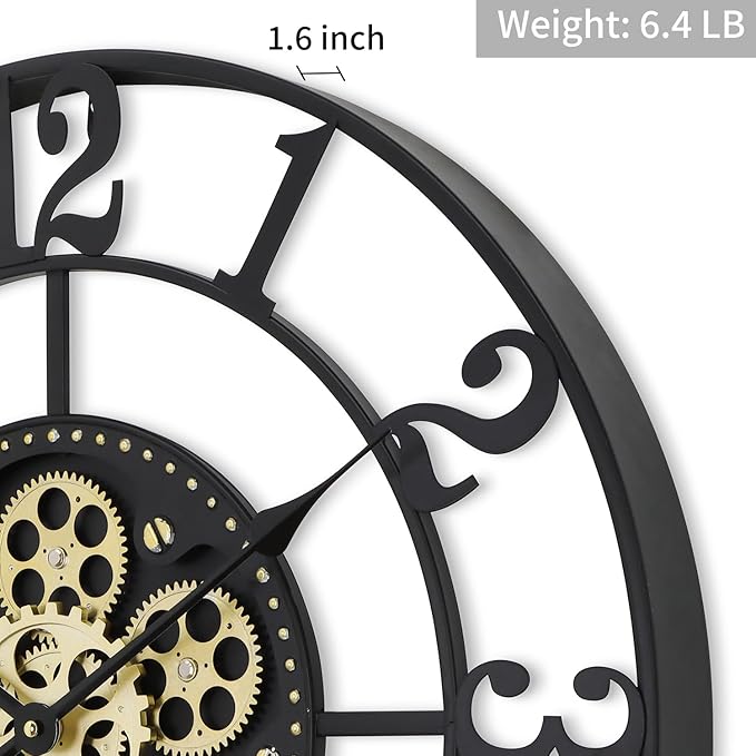 24 Inch Large Wall Clocks for Living Room Decor with Moving Gears,Large Wall Clock Industrial Steampunk,Oversized Metal Analog Wall Clocks for Farmhouse Home Battery Operated