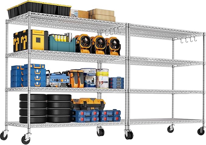 PrimeZone Storage Shelves 55.5"W x 24"D x 76"H 4 Tier with Wheels, Adjustable Wire Shelving Garage Heavy Duty Shelves Unit, Rolling Metal Organizer Shelf Utility Rack Warehouse,Pantry, Chrome 2 Pack