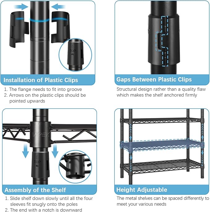 VIPEK V1 Plus Heavy Duty Clothes Rack with Shelves - 4 Tiers Adjustable Height | Holds Up to 540lbs | Perfect for Small Spaces, Apartments | Compact Design for Flexible Storage, Black