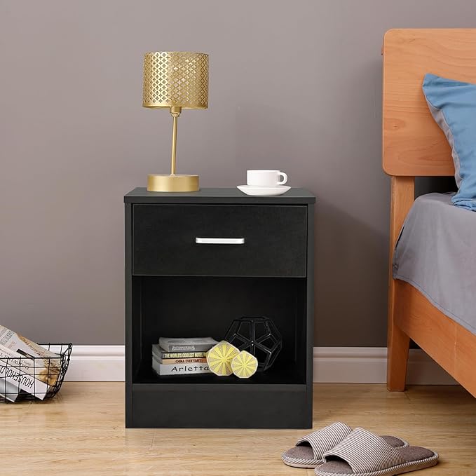 Karl home Nightstand Set of 2, Wood Nightstand for Bedroom, Bedside Table Set 2 with Open Shelf, Modern Night Stand Set of 2, End Table, Black