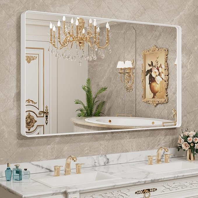 LOAAO 60x28 Inch White Metal Framed Bathroom Mirror for Wall, White Bathroom Vanity Mirror Farmhouse, Large Rounded Rectangle Mirror, Anti-Rust, Tempered Glass, Hangs Horizontally or Vertically