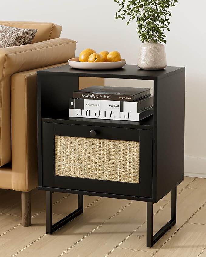 Rattan Nightstand, Mid Century Modern Night Stand,Boho Farmhouse Wood Bedside Table with Storage and Open Shelf, End Side Accent Table for Bedroom,Living Room,Black