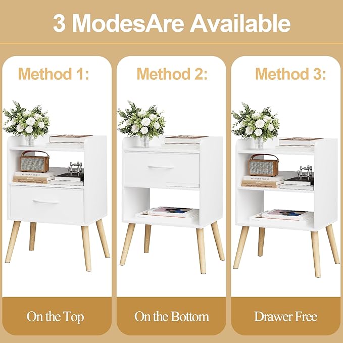 Narrow Nightstand with Open Shelf,Small Night Stand Bedroom Bedside Tables with Fabric Drawer Storage,Side Table End Table with Solid Wood Feet,Mid Century Night Stands for Home Sofa Couch(White)