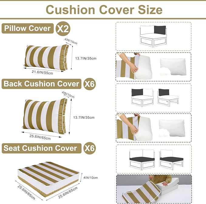 Outdoor Furniture Replacement Cushions, 14 Pcs Water-Resistant Replacement Sofa Cushion for Patio Garden Porch (Liner&Cover,Only Cushions No Sofa) (Yellow and White Stripes)