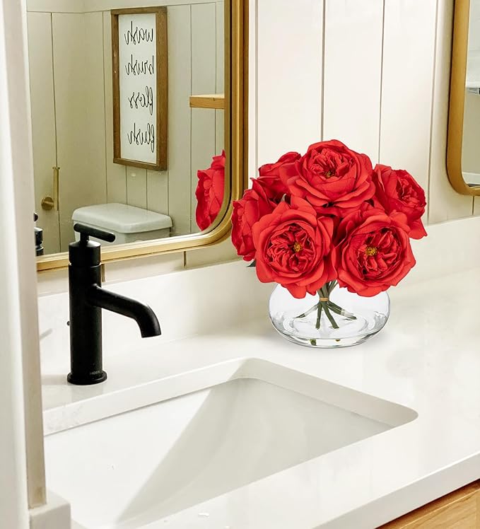 Hollyone Red Roses Peonies Artificial Flowers with Glass Vase Silk David Austin Roses Faux Flowers Arrangements with Clear Faux Water in Vase Fake Peonies Rose Peony Floral Bulk Bouquet Home Decor