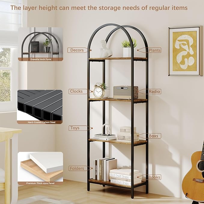 Bookshelf Arched Bookcase, Industrial Curved Metal Book Shelves, 72" Tall Freestanding Open Storage Shelf Display Rack for Living Room Home Office, Rustic Brown, 4-Tier