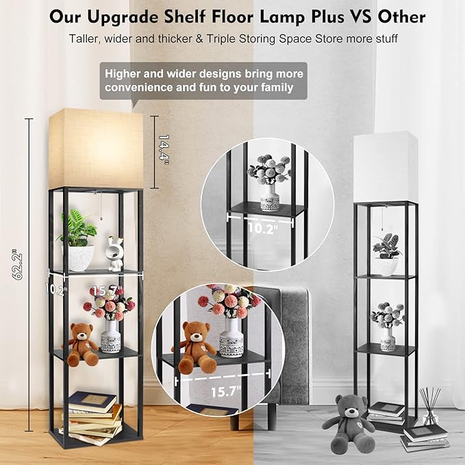 RUNTOP Plus Floor Lamp with Shelves, Shelf Lamp with 15W LED Bulb, 3 Colors, Memory Function, Wide Display Shelf for Collectibles Storge, Shelf Floor Lamps for Living Room, Standing Lamp for Bedroom