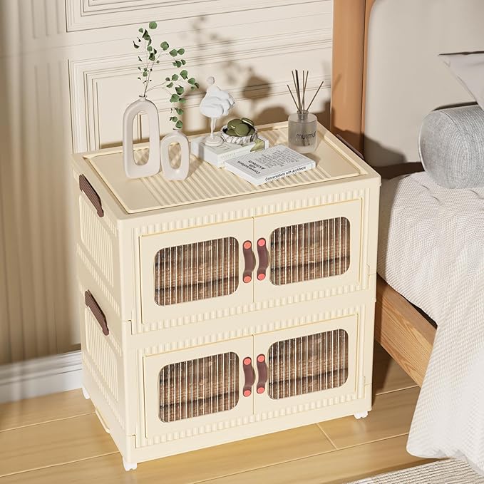 Stackable Storage Bins 55 Qt, Folding Storage Bins with Lids and Doors, Open Front Folding Storage Box with Wheels Plastic Storage Containers Closet Organizers Home Beige (1 Tier)