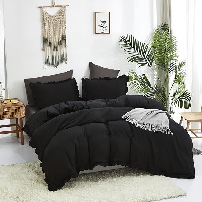Luxlovery Black Ruffle Comforter Champagne Farmhouse Bedding - California King - Shabby Boho Taupe Blanket Quilts - All Black Color Bohemian Comforter Set