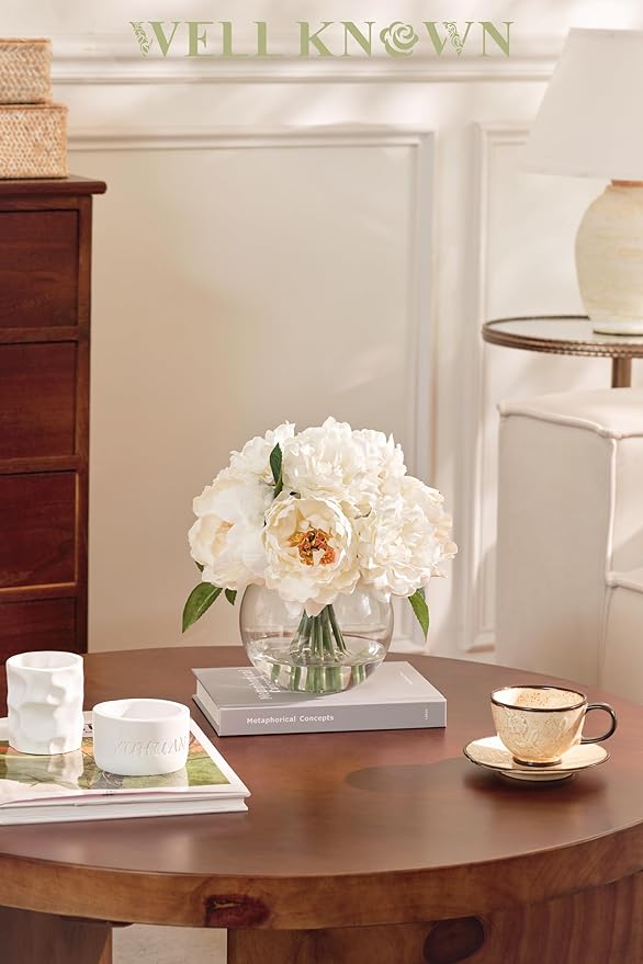 WELL KNOWN Artificial Flowers in Vase, Peonies Artificial Flowers for vase with Faux Water for Coffee Table Decor, Silk Fake Flower Arrangements Peonies Table Centerpieces (White)