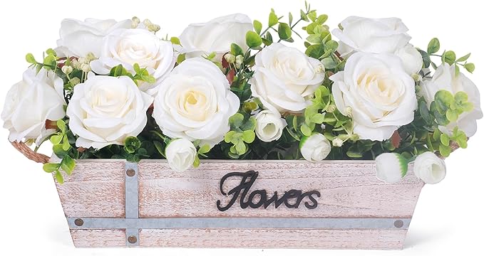 Centerpiece Table Decorations Rustic Wood Tray with 3 Artificial White Rose Flowers and Fake Eucalyptus for Dining Room Farmhouse Living Room Kitchen and Coffee Table Décor