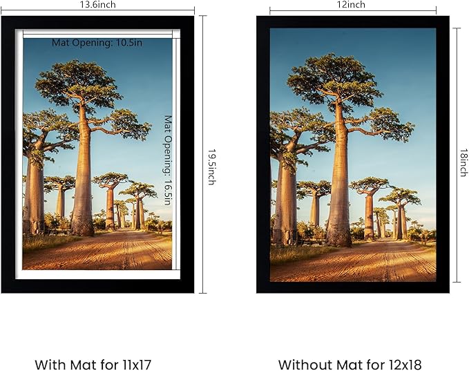 12x18 Picture Frame Set of 5, Black Poster Frame, Display Pictures 11 x 17 with Mat or 12 x 18 Without Mat for Horizontal or Vertical Wall Mounting, Wall Gallery Frame