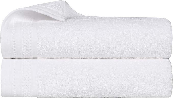 Superior Honeycomb Cotton Medium Weight Towels, for Bathroom, Shower, Spa, Pool, Quick Dry, Adults, Home Essentials, Textured Waffle Border, Oversized Large Towels, Bath Sheets, Set of 2, White