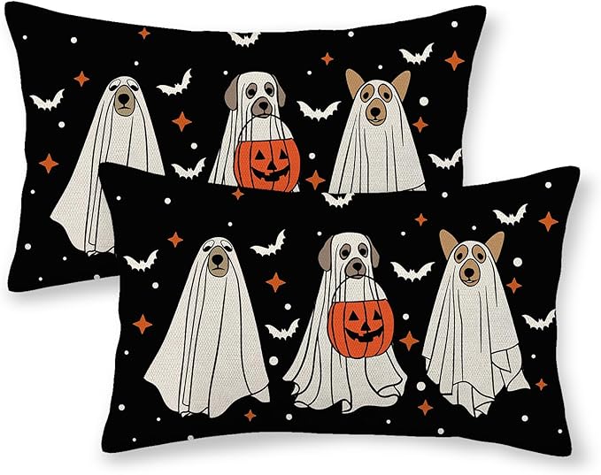 Halloween Pillow Covers 12x20 Pack of 2 Black Beige Dogs Bat Throw Pillow Covers Outdoor Decor,Autumn Holiday Decoration Black Pillowcase Farmhouse Linen Decorative Cushion Case for Couch Sofa