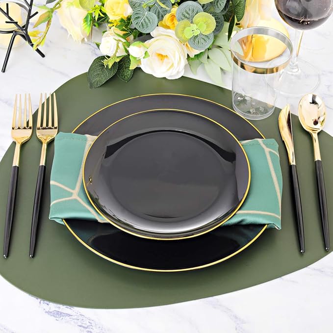 Supernal 350pcs Black Plastic Dinnerware Set,Black Plastic Plates with Gold Rim,Black and Gold Plastic Plates,Gold Plastic Silverware,Wedding Party Plates,Plastic Cups with Gold Rim for Christmas