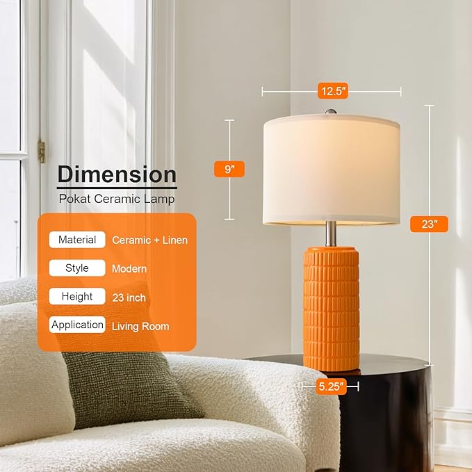 PoKat 23" Orange Table Lamps Decor for Living Room Set of 2, Modern Living Room Lamps for End Table, Ceramic Table Lamps for Bedroom, Contemporary Nightstand Lamps for Home Bedroom Decor