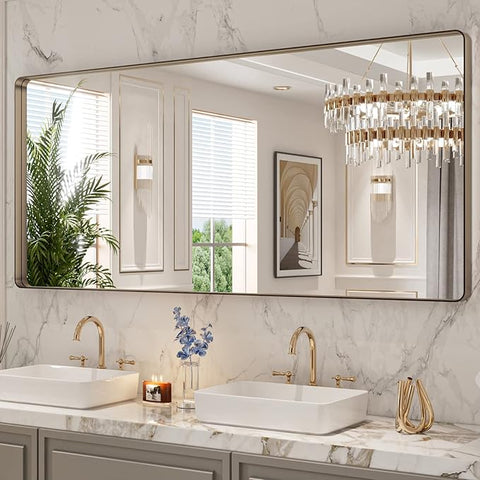 LOAAO 72”X32” Bronze Bathroom Mirrors for Vanity, Rounded Rectangle Brushed Bronze Metal Frame Mirror, Anti-Rust, Tempered Glass, Hangs Horizontally or Vertically