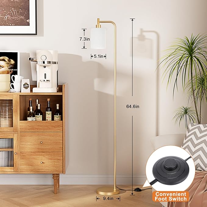 Floor Lamps for Living Room - Industrial Standing Lamp with Frosted White Glass Shade, Modern Gold Floor Lamp with LED Bulbs, Farmhouse Floor Lamp for Bedroom, Tall Lamp for Office - Gold