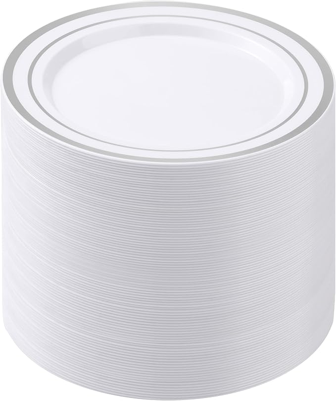 100PCS White Plastic Plates for Party, 7 Inch Heavy Duty Dinner Plates with Silver Rim, Disposable Plates for Wedding and Birthday