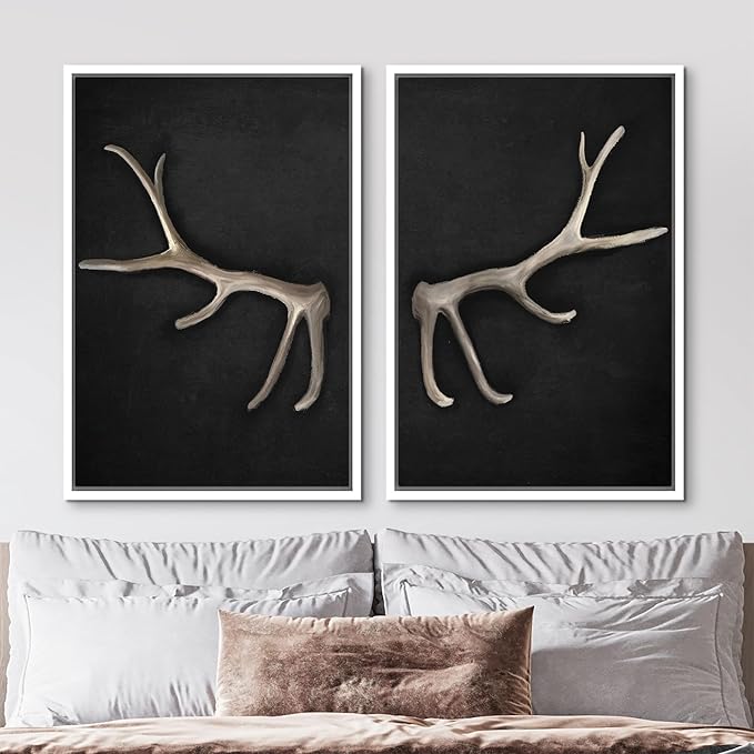 MUDECOR Framed Canvas Print Wall Art Rustic Antler Minimalist Antler Illustrations Modern Art Decorative Bohemian Colorful Chic for Living Room, Bedroom, Office - 16"x24"x2 White