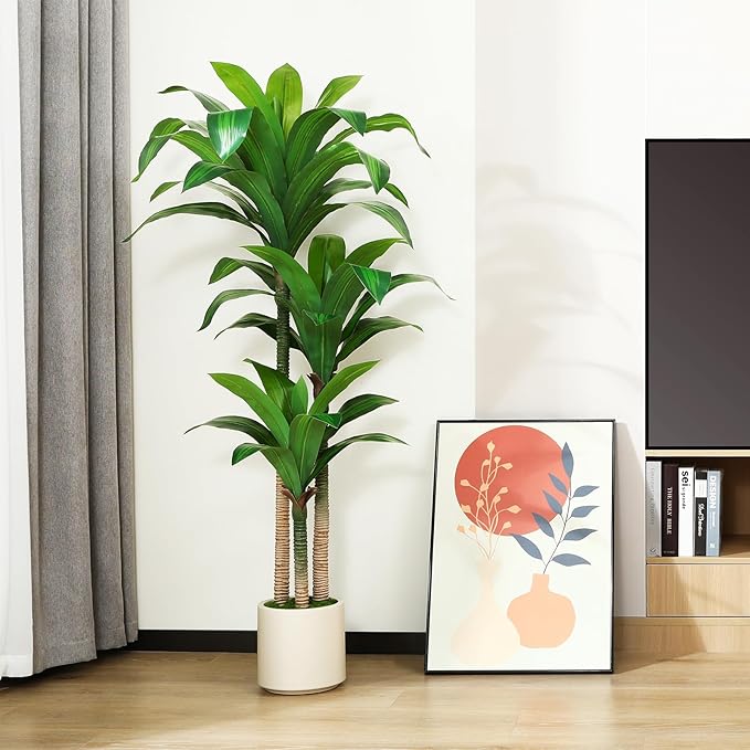 Artificial Dracaena Tree 5ft, Tall Fake Dracaena Plants with White Planter, Faux Dragon Tree Indoor Floor Plant for Home Decor Office Living Room Porch Housewarming, 1Pcs