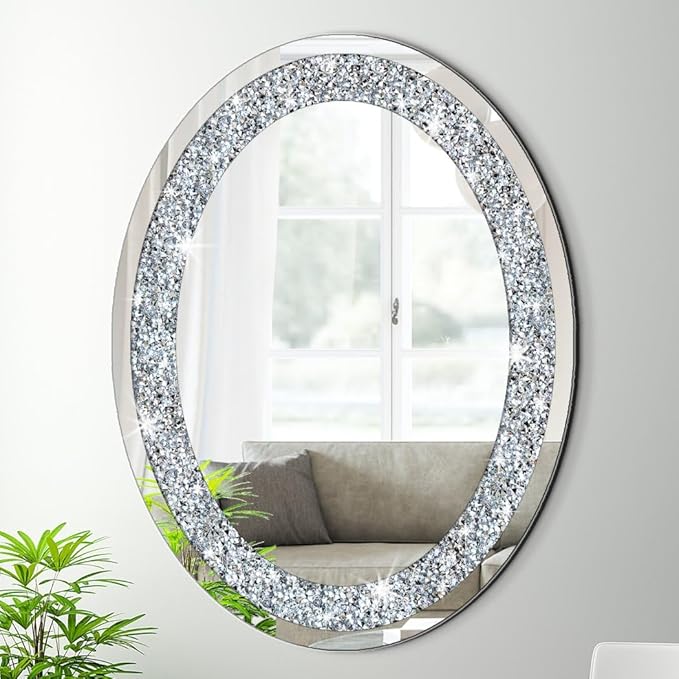 DMDFIRST Crystal Crushed Diamond Oval Shaped Silver Mirror Glam Bling for Wall Decoration 24x32x0.9inch Frameless Wall Hang Sparkly Glass Mirror Stunning Stylish Fashion Home Decor Decorative Mirror
