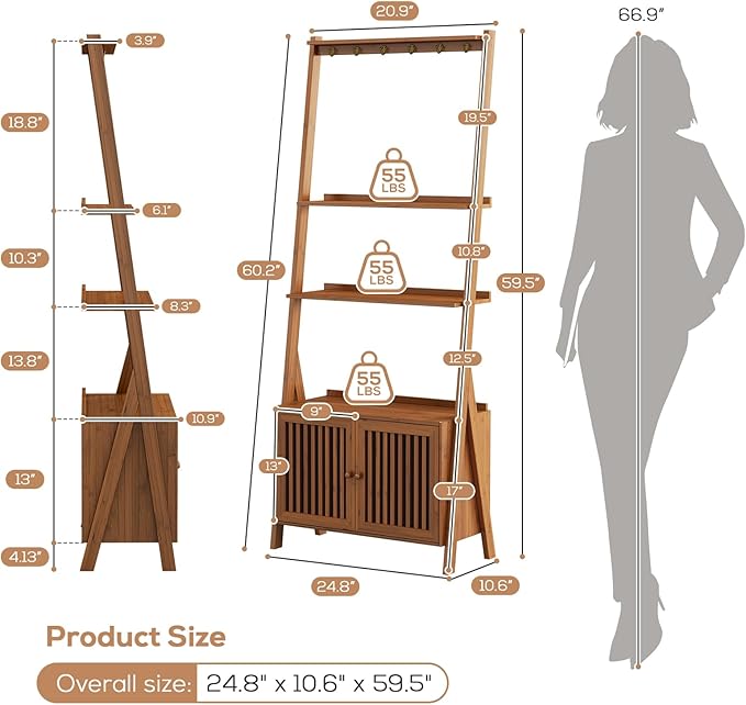 Bookcase with Drawers, 4-Tier Bamboo Bookshelf Ladder Shelf with 6 Hooks, Tall Narrow Retro Book Shelf, 24.8"L x 10.6"W x 59.5"H, Standing Storage Organizer for Living Room, Office, Bedroom, Walnut