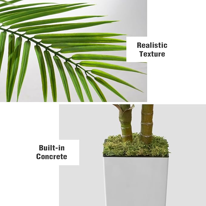 Fake Palm Tree 5FT - Artificial Plants with White Tall Planter, Faux Tropical Golden Cane Palm Tree with Two Trunks and 18 Realistic Palm Leaves, Indoor Floor Plants for Living Room Office Decor