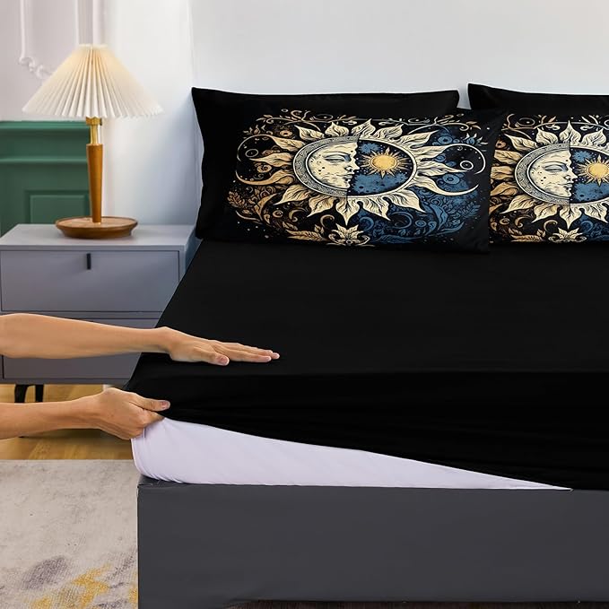 Sun and Moon Comforter Set Black Boho Bedding Set Celestial Galaxy Starry Space Bedding Comforter Mandala Exotic Black Bed in A Bag King Size
