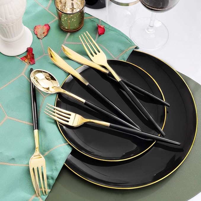 Supernal 350pcs Black Plastic Dinnerware Set,Black Plastic Plates with Gold Rim,Black and Gold Plastic Plates,Gold Plastic Silverware,Wedding Party Plates,Plastic Cups with Gold Rim for Christmas