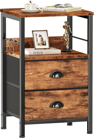 Furologee Nightstand with 2 Fabric Drawers, Bedside Table End Tbale with 2-Tier Shelf, Side Table with Hooks and Wood Top for Bedroom/Living Room/Hallway/Rustic Brown
