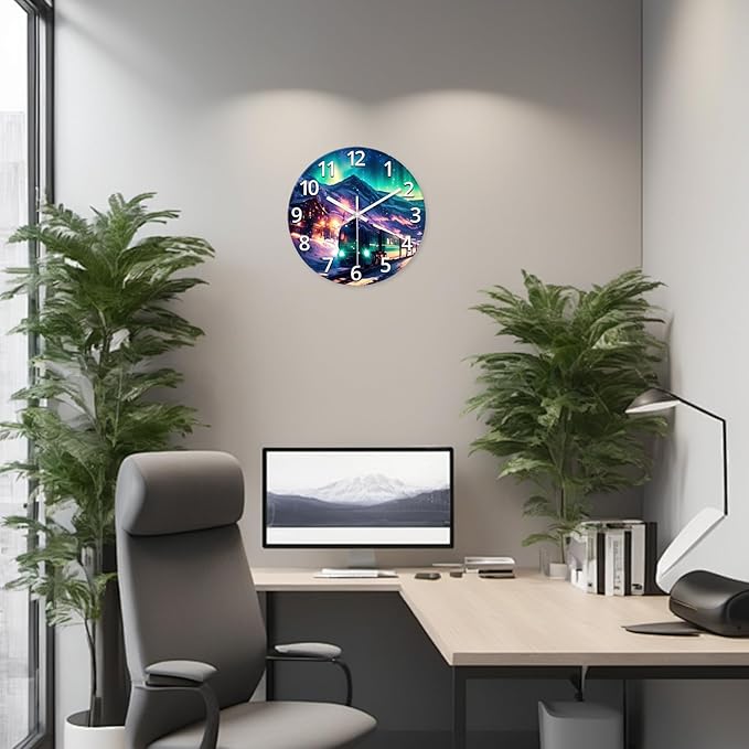 XNM Aurora Glass Battery Wall Clock 12 Inch Snow Mountain Teal Office Clock Analog Modern Round Silent Wall Clock Non Ticking